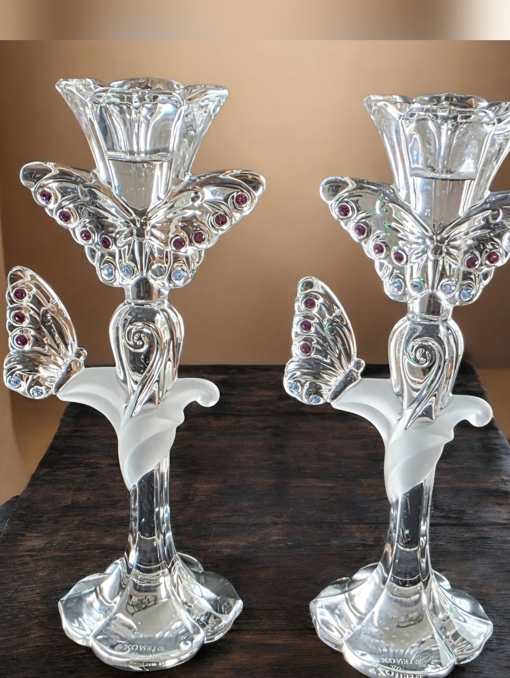 Lenox Crystal Butterfly Candle Holders Pair 8 in Decorative Clear White Purple